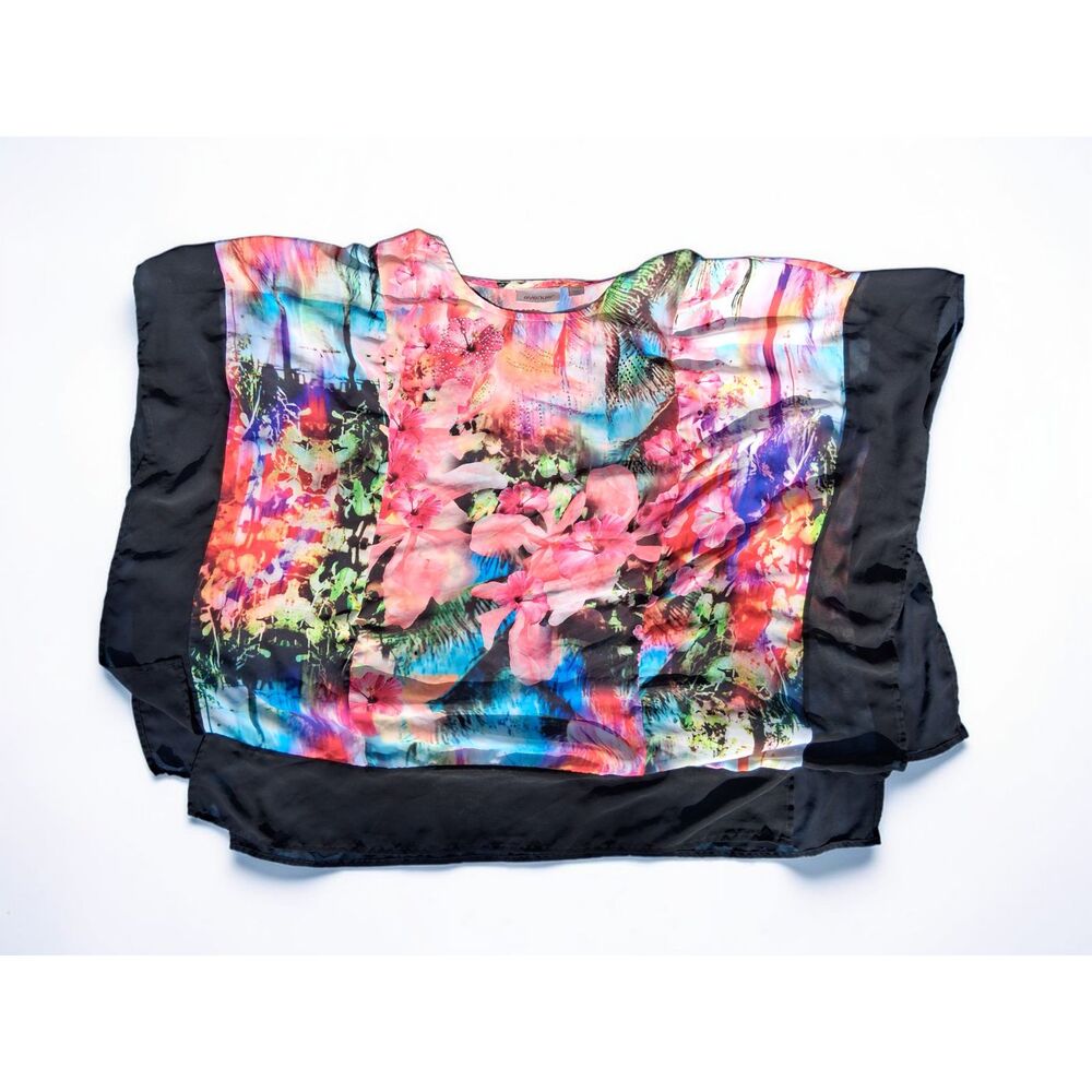 Avenue Plus Size 26 28 Floral Tropical Vacation Sheer Top- Bright, Embellishment